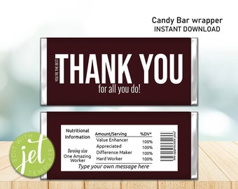 Candy Wrapper, Employee Appreciation Gift Thank you Candy Bar Wrappers Chocolate Instant Download, Appreciation Wrapper, Thank you Gift
