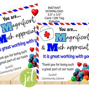 Editable Nurse Appreciation,  Medical Pop-by Tags, M&M Appreciation Card, Colleague, Magnificent and Much Appreciated,  Instant download