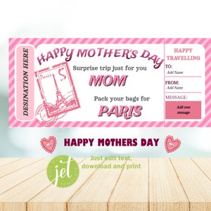 Tarjeta de embarque, editable, imprimible, Día de la Madre, Amor de Madre, Viaje sorpresa, Viaje especial, Regalo, Descargas instantáneas, Tarjeta de regalo, Floral rosa