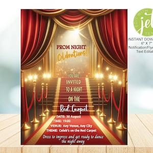 Invite, Prom Celebration, All text Editable, Printable, Night on the Red Carpet, Red Carpet Function, Dress to impress, Memories. Prom Night