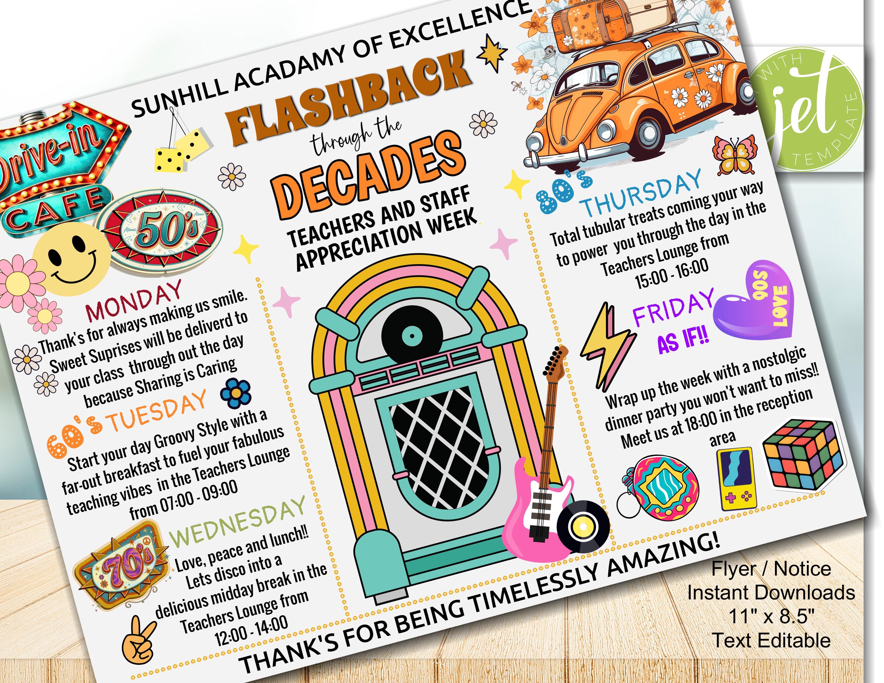 Editable Flashback Decades Flyer Template, Retro Spirit Week Poster ...