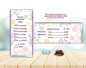 Envoltorio de caramelos, envoltorio de chocolate, imprimible, mamá, madre, día de la madre, descargas instantáneas, regalo ideal, agradecimiento a la madre, regalo de la madre.