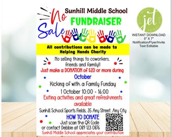 Pode incluir: Um folheto de angariação de fundos de 12,7 cm x 17,8 cm para a Sunhill Middle School com impressões de mãos coloridas, o texto No Sale Fundraiser e detalhes sobre uma doação de $20 ou mais em outubro. Inclui código QR, data, hora e local.