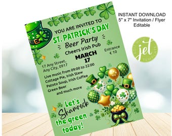 St Patrick's Day Beer Party Flyer: Editable Shamrock Invitation (Digital Download)