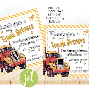 Tarjeta de agradecimiento para camioneros, etiqueta de regalo editable, etiqueta de agradecimiento, regalo para camioneros, etiqueta imprimible de descarga instantánea, Héroes de la carretera