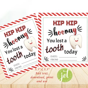 Gift tag/Card, Editable, Lost First Tooth, Tooth Fairy, Special Person, Instant Download, One tooth lost, First Tooth Lost Card, Red & white