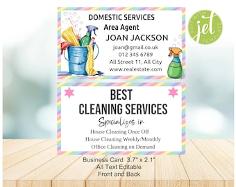 May include: A double-sided business card template measuring 9.4 cm by 5.3 cm with a rainbow border. The front features a blue bucket with cleaning supplies and contact details for Joan Jackson. The back lists cleaning services with pink stars.