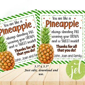 Bewerkbare ananas-cadeaukaartjes, rechtop staan, draag je kroon, lief van binnen, bedankt voor alles wat je doet, waarderingslabel, Instant download