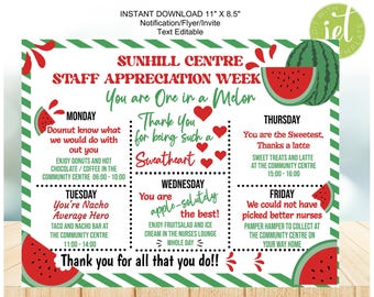 Teacher Appreciation Week Editable Flyer, Staff Itinerary, Schedule for the week, Edit and Print, Instant Download, All Staff/Police/Medics