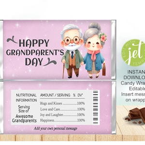 May include: A candy wrapper design for Grandparent's Day. The top portion features a pink background with the text "Happy Grandparent's Day" and illustrations of an elderly couple. The bottom section includes nutritional information and a space to add a personal message.