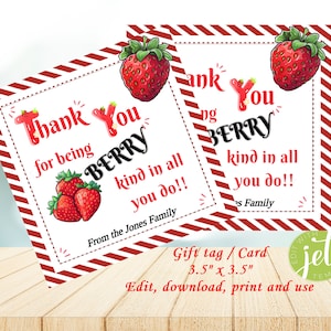 Etiqueta de regalo/Tarjeta, Editable, Imprimible, Gracias por ser amable con las bayas, Amabilidad, Tarjeta/Etiqueta especial, Fresa, Descarga instantánea, Tarjeta en blanco