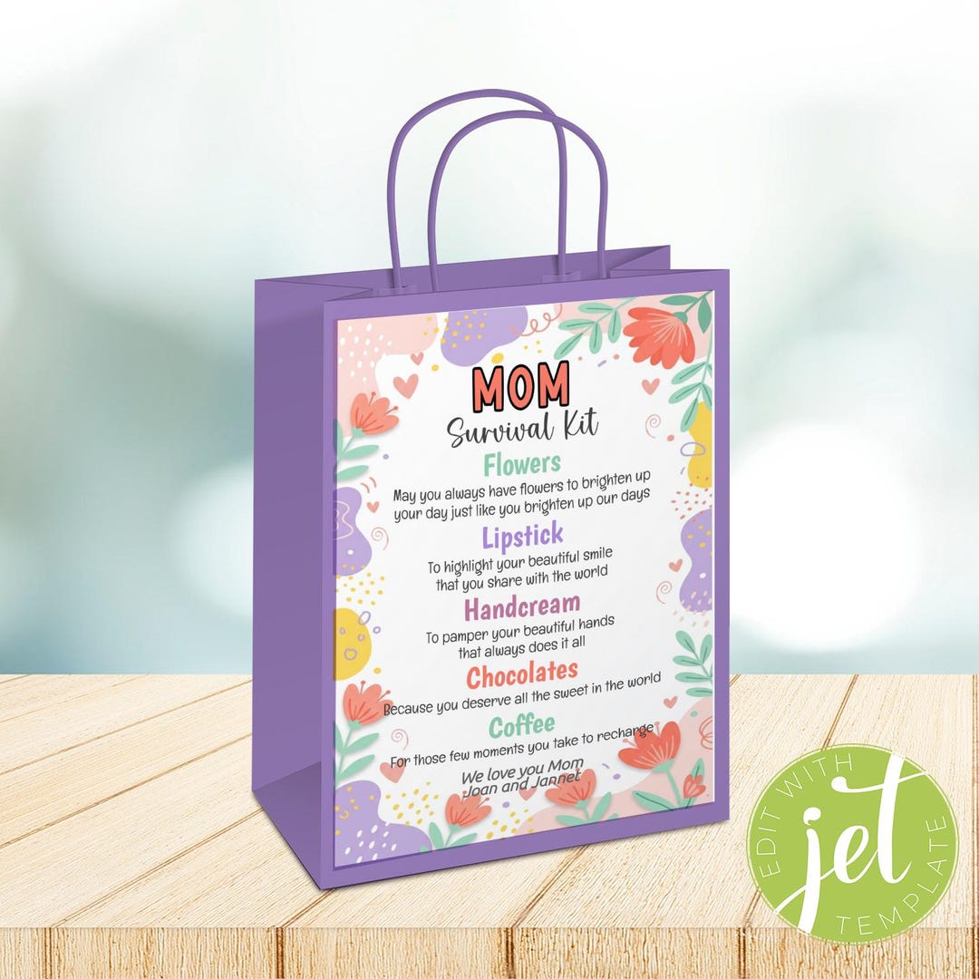 Editable Survival Kit, Mother’s Day Gift Bag, Printable Gift Bag Label ...