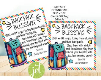 Backpack Blessing Card, Editable Gift Tag (Digital Download)