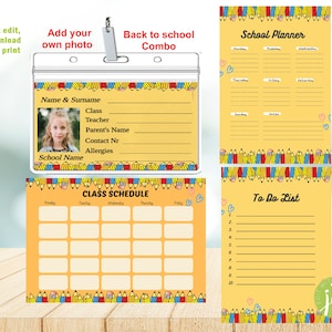 May include: Printable back to school combo pack with a yellow and red pencil theme. Includes a school planner, to do list, class schedule, and a name tag with a photo space.