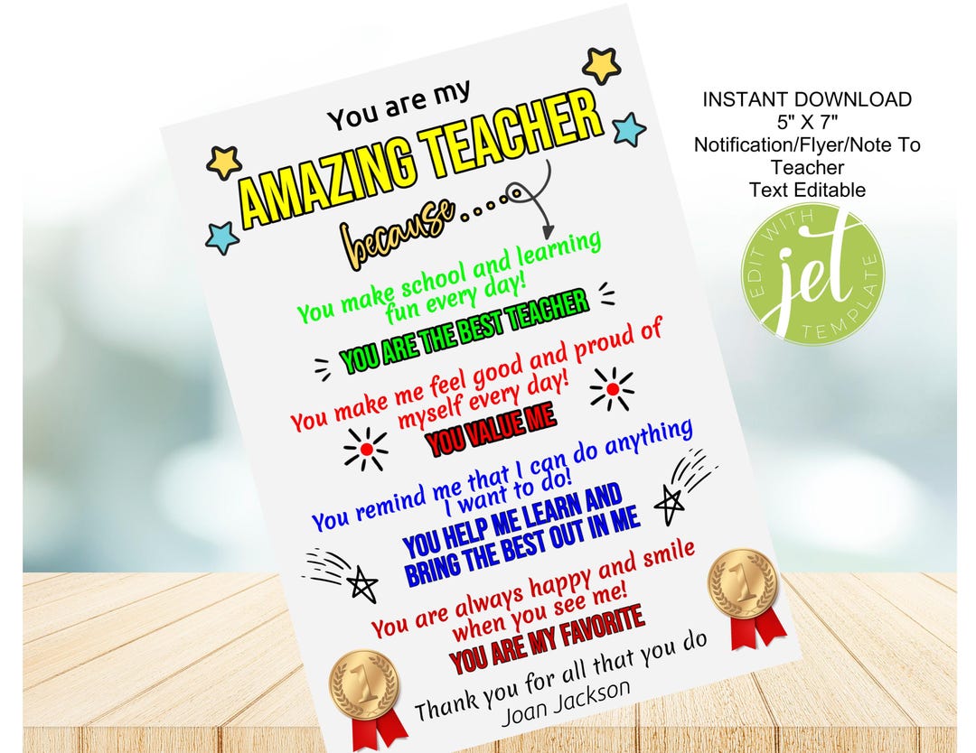 Teacher Appreciation Note, Editable Itinerary, My Amazing Teacher, Edit ...