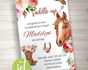 May include: A rectangular birthday invitation card featuring watercolor illustrations of a brown horse, a cowboy hat, a horseshoe, and floral arrangements in pink and red. The text reads: Saddle up and gallop on over to celebrate our cowgirl Madelyn 6th birthday, Saturday, June 12th @ 3 pm, Monica's Satbles, 145 Morret street, Johannesburg, RSVP at Mandy 082 854 1457.