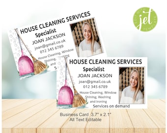 May include: A rectangular business card measuring 9.4 cm by 5.3 cm featuring the text HOUSE CLEANING SERVICES, Specialist, JOAN JACKSON, joan@gmail.co.uk, 012 345 6789, House Cleaning, Window Shining, Washing and Ironing Services on demand.