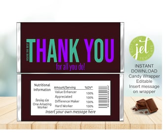 Confezione di caramelle per apprezzamento dei dipendenti: etichetta stampabile per barrette di cioccolato (download digitale)