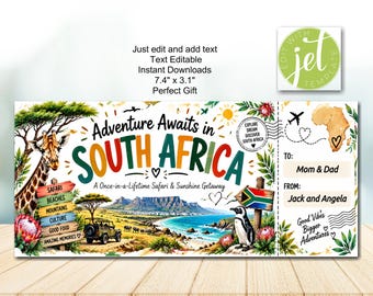 Buono regalo di viaggio modificabile e stampabile per vacanze in Sudafrica, buono vacanza, regalo di viaggio, idea regalo, viaggio in Sudafrica