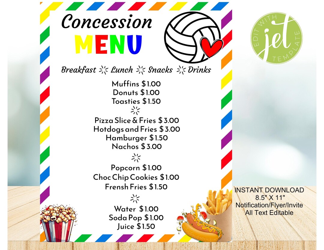 Concession Menu Slide Editable Concession Menu Flyer: Sports Template (instant Download) - Etsy
