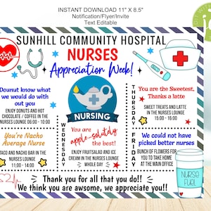 Nurse Appreciation Week Editable Flyer, Itinerary, Schedule for the week, Medical Staff, Edit and Print, Instant Download, Nurse, Ass Nurse