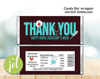 Editable Nurse assistant's week Thank You Candy Wrapper, Nurses, Hospital Nurse, Candy Wrapper, Medical, Essential Staff, Instant Download