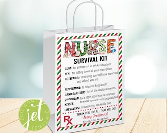 Etiqueta de bolsa de regalo editable para kit de supervivencia de enfermera, etiqueta de bolsa de regalo de Navidad, personal médico, regalo de agradecimiento, imprimible, descarga instantánea