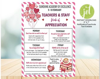 Teacher Appreciation, Valentine's Day Editable, Heart Theme, Week Itinerary, Appreciation Treat Schedule, Instant Download