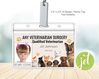 Distintivo identificativo del veterinario, gioco di finzione modificabile del dottore degli animali (download immediato)