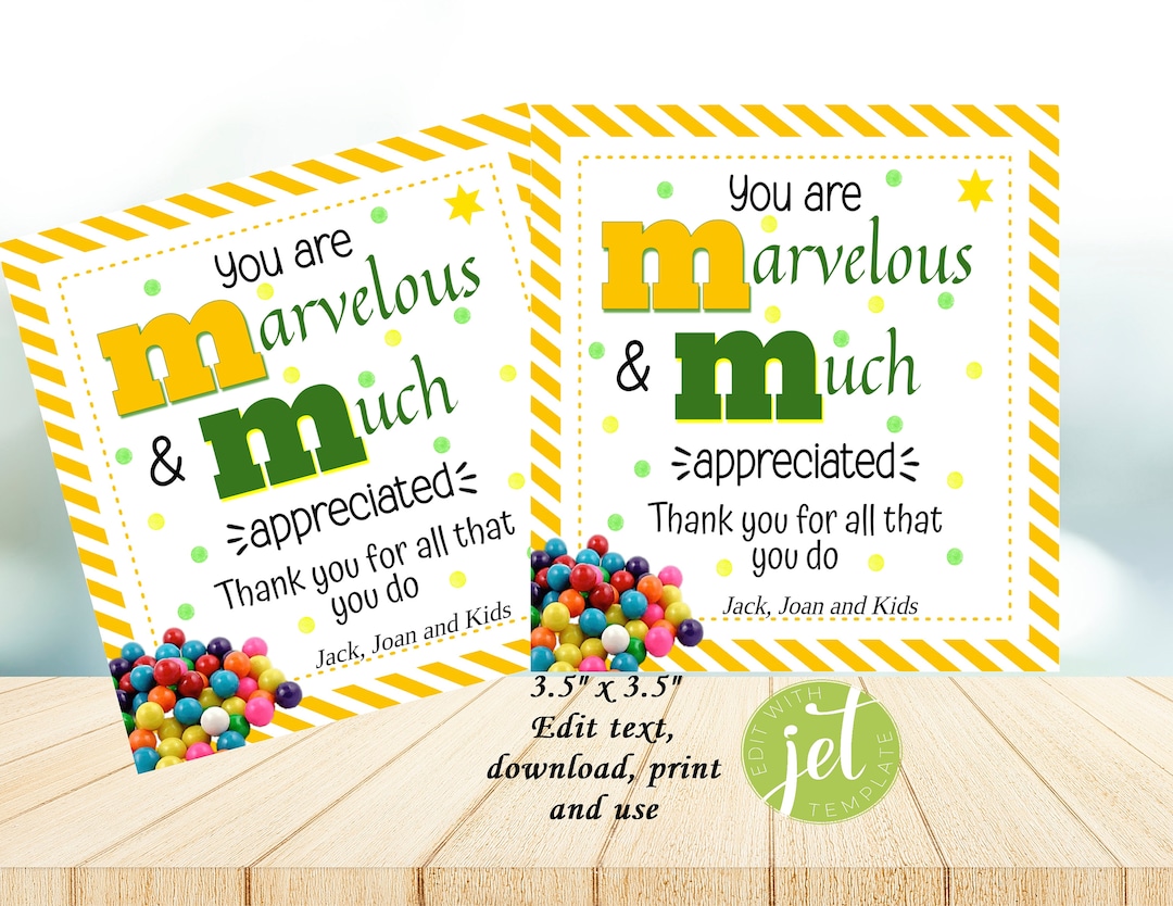 Editable M&amp;M Gift Tag Card, Magnificent and Much Appreciated, Thanks ...