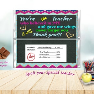 Candy Wrapper, Chocolate Wrapper, Printable, Thank You Teacher, Instant Downloads, Ideal Gift,Teacher Appreciation, Best Teacher 80gr/1.55oz