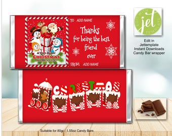May include: A red candy bar wrapper featuring a Christmas scene with Santa, snowmen, and gifts, with text reading Thanks for being the best friend ever. The bottom section shows a train graphic with the word CHRISTMAS and chocolate pieces.