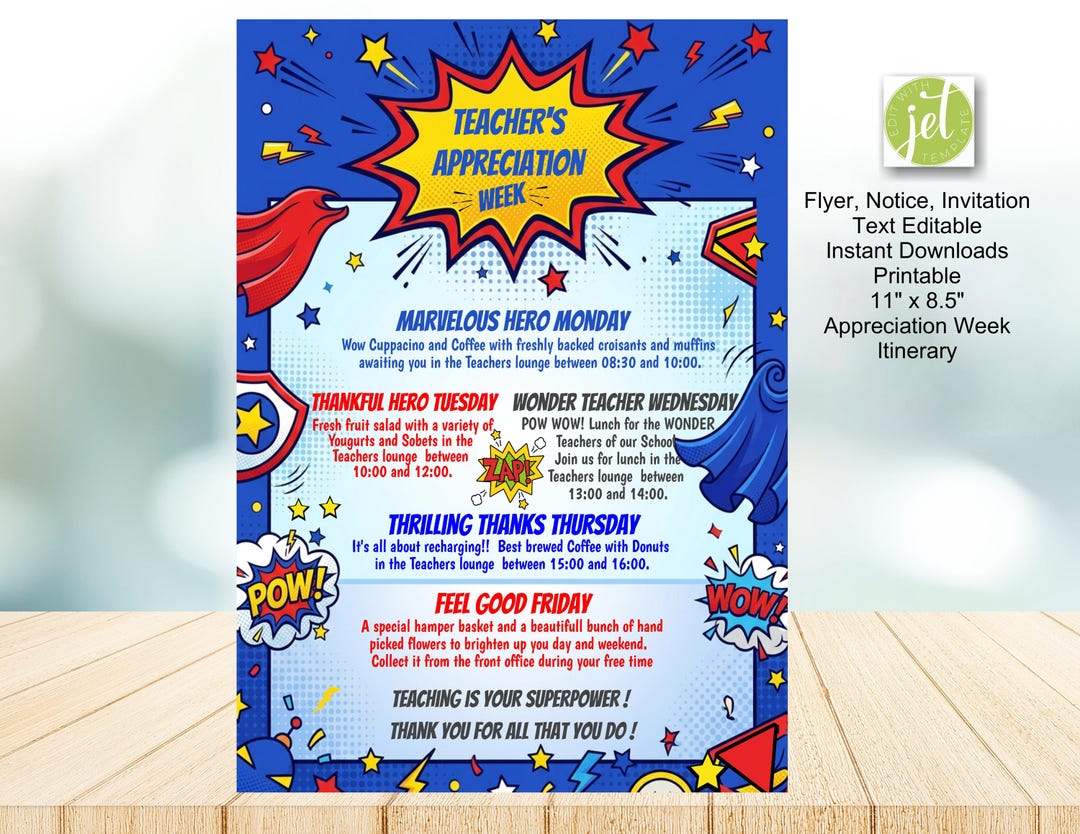 Editable Teacher Appreciation Week Flyer, Super Hero's Teacher ...