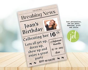 Breaking News Birthday Party Invitation, Editable Template (Digital Download)