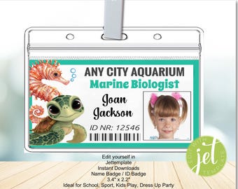 Editable ID Badge Marine Biologist Kids | Ocean-Themed Pretend Play Name Tag | Aquarium Role Play Party Favor | Editable Child Costume Badge