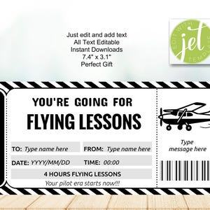 Peut inclure: Un bon-cadeau de style billet noir et blanc pour des cours de pilotage. Le design comprend le texte "YOU'RE GOING FOR FLYING LESSONS", ainsi que des champs pour les informations du destinataire et de l'expéditeur, la date et l'heure. Le certificat mesure 18.8 cm x 7.9 cm.