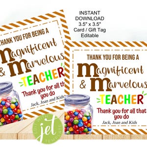 Editable M&M Gift Tag Card, Magnificent and Marvelous,  Appreciated, Thanks for all you do, Teacher Appreciation tag, Thank You Teacher Gift