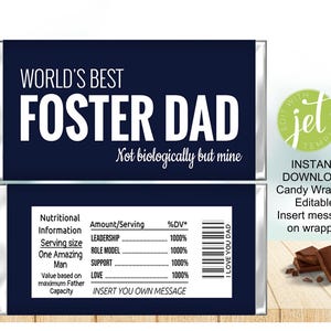 May include: A navy blue candy wrapper design with the text "WORLD'S BEST FOSTER DAD" in white. The wrapper includes nutritional information and a space to insert a custom message. A small graphic of chocolate pieces is also included.