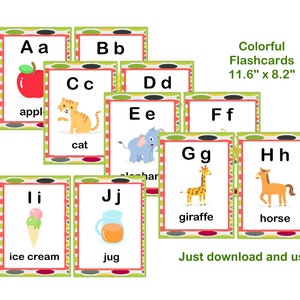 Schede didattiche in ordine alfabetico, stampabili, schede didattiche ABC stampabili, schede didattiche ABC, a colori, decorazioni per l'aula, download immediato, divertimento con l'ABC