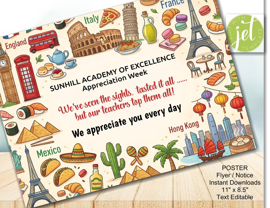 Editable Teachers Appreciation Week Poster | Traveled the World Theme ...