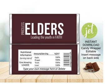 Editable Candy Wrapper, Elders Printable Candy Bar Wrapper, Editable, Printable, Instant Download, Elders Appreciation, Church Appreciation