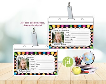 ID Badge, Name Tag, editable, printable, boy/girl badge, photo badge, instant downloads, school name badge, Photo Name Tag, School Name Tag