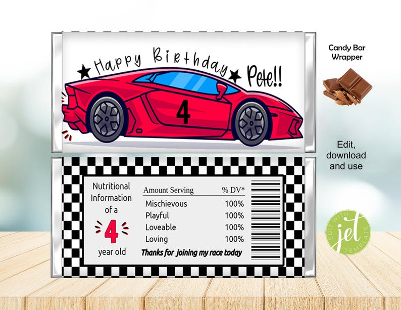 Wrapper Printable Red Candy Wrapper, Editable, Printable Red Racing Car, Instant Download ...