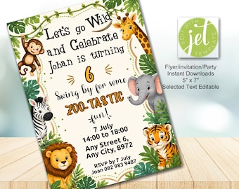 Invito modificabile per festa di compleanno a tema zoo selvaggio per bambini, invito di compleanno con animali della savana, invito modificabile per festa di compleanno nella giungla, scaricabile