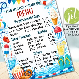 May include: A printable menu titled The Hungry Surfer featuring summer-themed illustrations like swim goggles, a beach ball, a whistle, a popsicle, drinks, and flip-flops. The text lists food and drink items with prices in dollars.