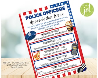 Volantino della settimana di apprezzamento della polizia, itinerario modificabile, programma della settimana, modifica e stampa, download immediato, agente di polizia, grazie, legge