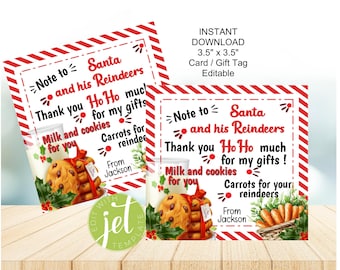 Editable Card to Santa and Reindeers, Christmas Appreciation, Thank you Ho Ho much Santa, Cookies and Milk, Carrots, Instant Download