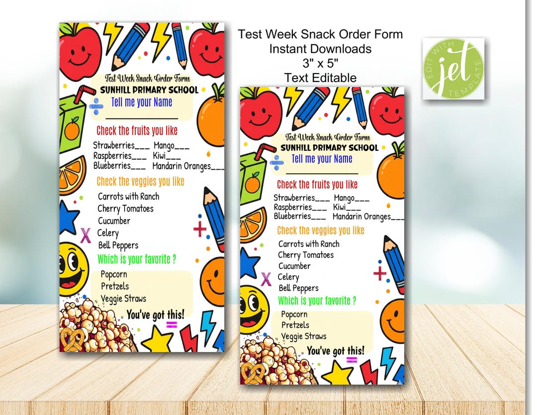 Testing Week Snacks Editable Snack Order Card for Test Week | Printable Student Snack Form ...