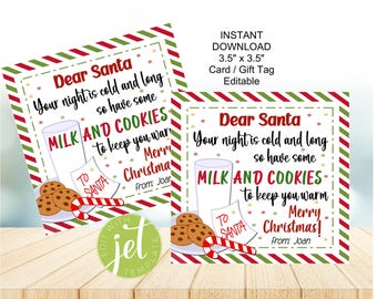 Editable Santa Gift Tag, Milk & Cookies to keep Santa warm Design (Digital Download)