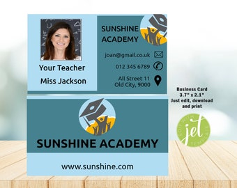 Business Card, Name Tag, editable, printable, Teacher, Photo Card, instant download, School name Photo Introduction Card, School Information